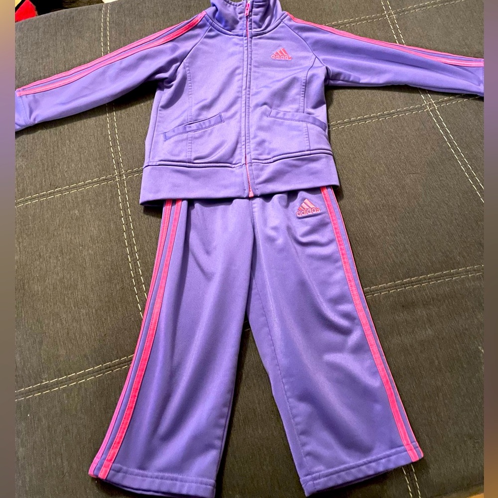 Adidas Infant/Toddler 2pc Tracksuit. Size:24M. Purple with pink stripes.